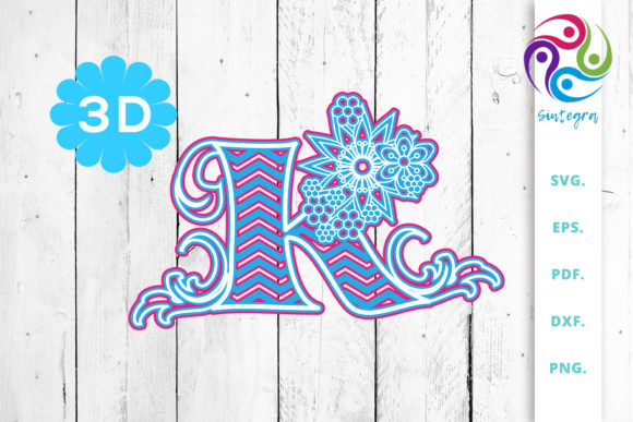 3D Multilayer Floral Chevron Letter K for 3D SVG and Shapes