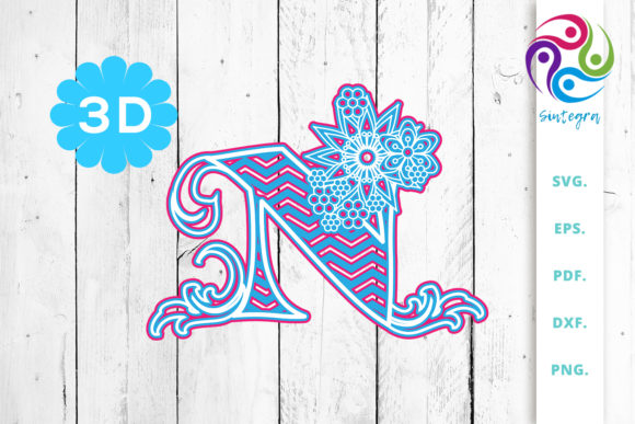 3D Multilayer Floral Chevron Letter N for 3D SVG and Shapes