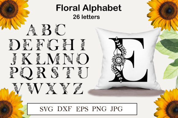 Floral Sunflower Alphabet 26 Letters Graphics for Illustrations